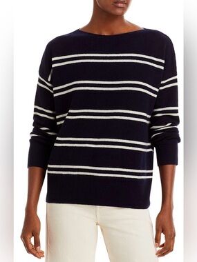 VINCE Navy and White Striped Boatneck Sweater